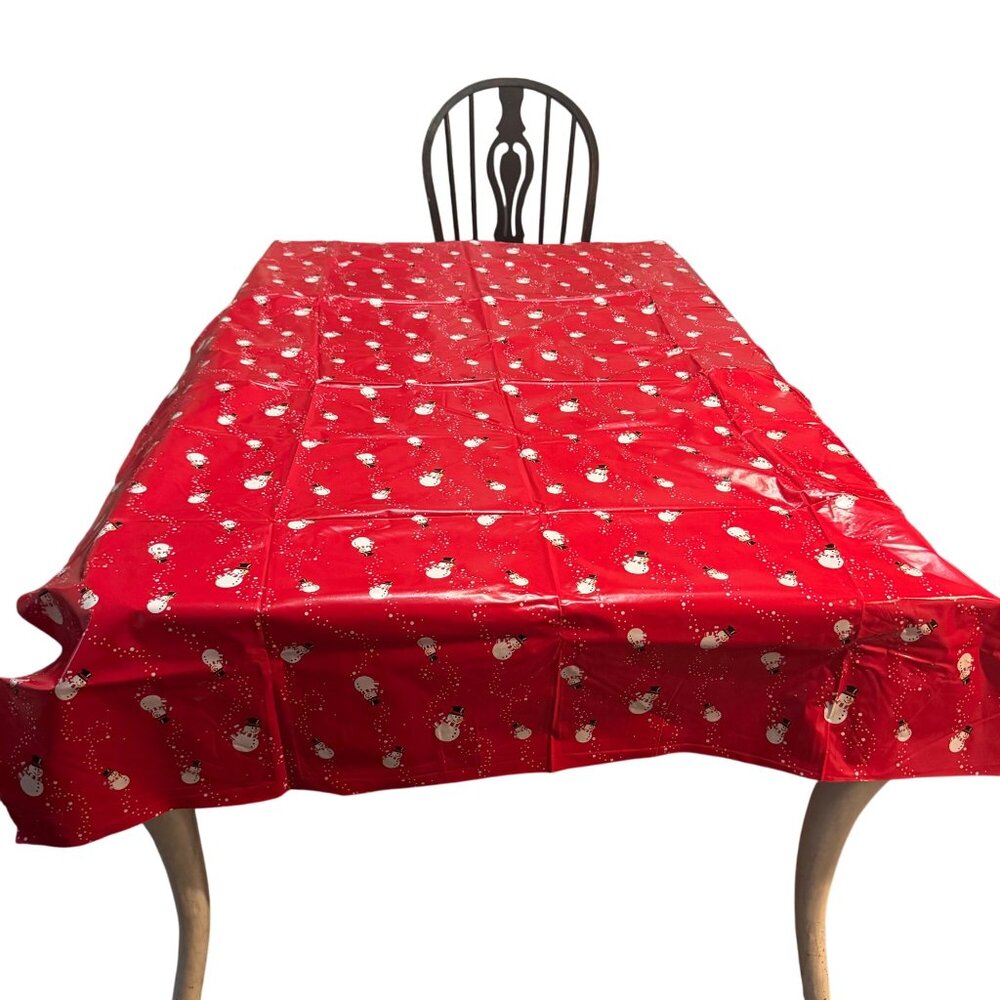 Holiday Christmas Snowman Tablecloth Vinyl Backed 96 X 68 Rectangle Red
